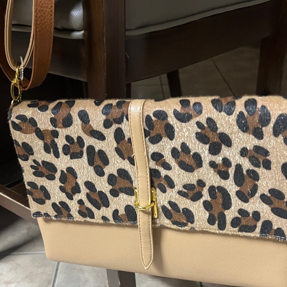 Leopard Print Tan Clutch with Gold Accent
